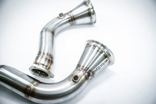 VelocityAP cat delete downpipes for Lamborghini Urus, Audi SQ7, SQ8, and RSQ8, designed for maximum exhaust flow and performance gains.